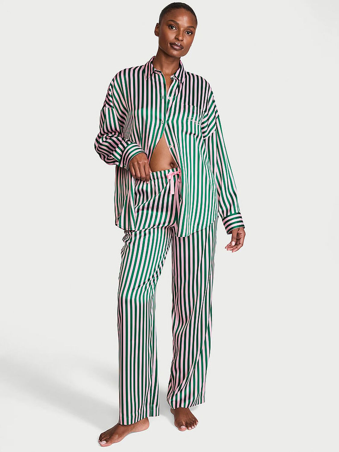 vs Victoria's Secret Signature Satin Oversized Long Pajama Set Prettiest Pine & Angel Pink Stripes 1 of 3 