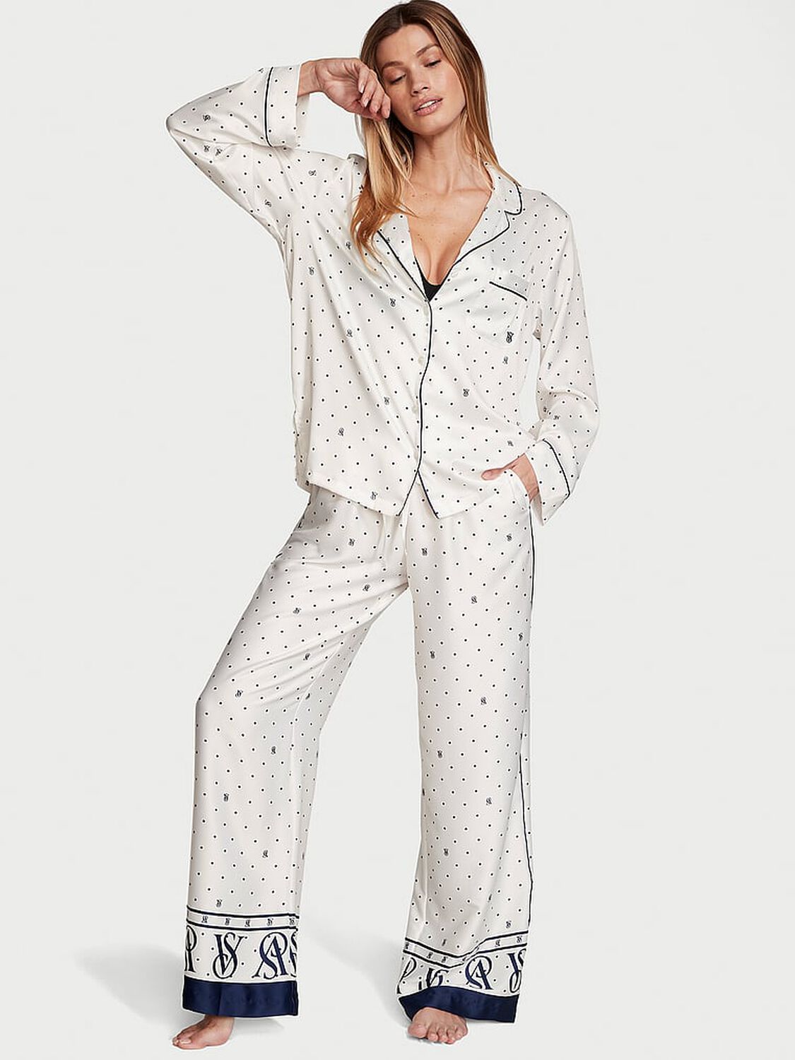 vs Victoria's Secret Satin Long Pajama Set Coconut White Dots 1 of 4 