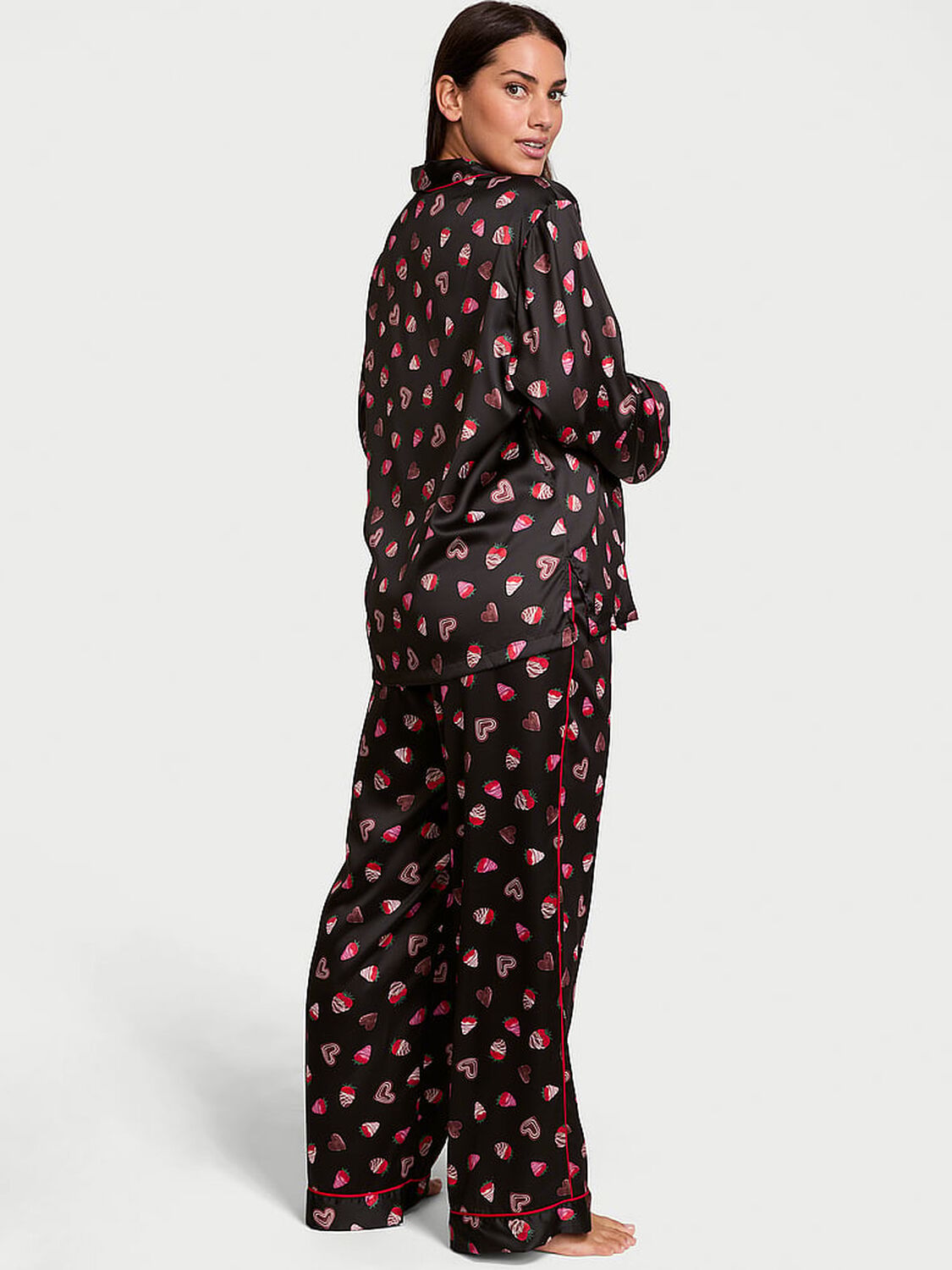 vs Victoria's Secret Glazed Satin Long Pajama Set Black Chocolate Strawberries 2 of 4 