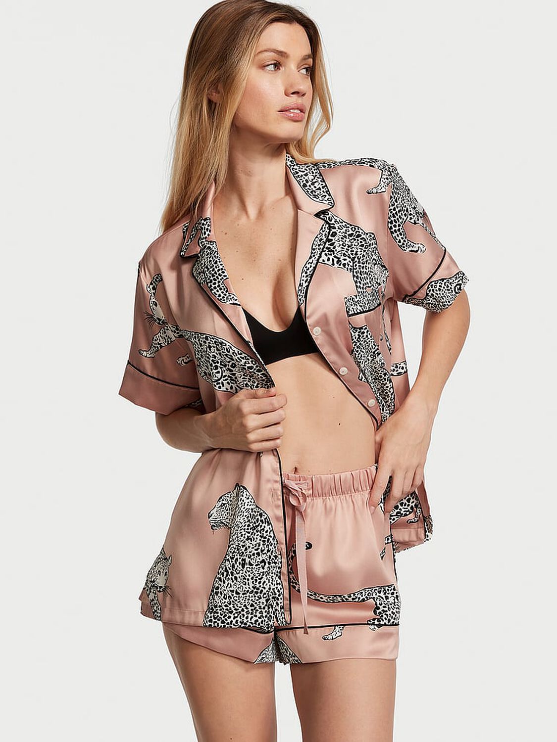 vs Victoria's Secret Satin Short Pajama Set Evening Blush Leopards 1 of 4 