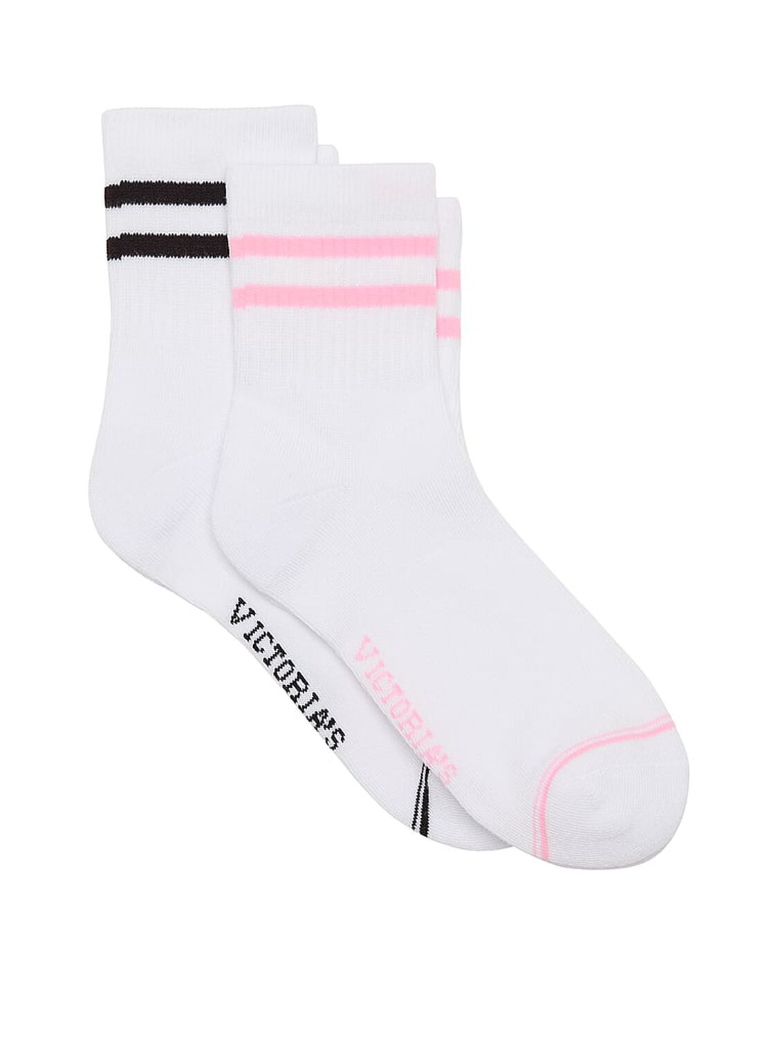 vs Victoria's Secret 2-Pack Quarter Socks Vs White Black Stripe & Vs White Pink Stripe 1 of 1 