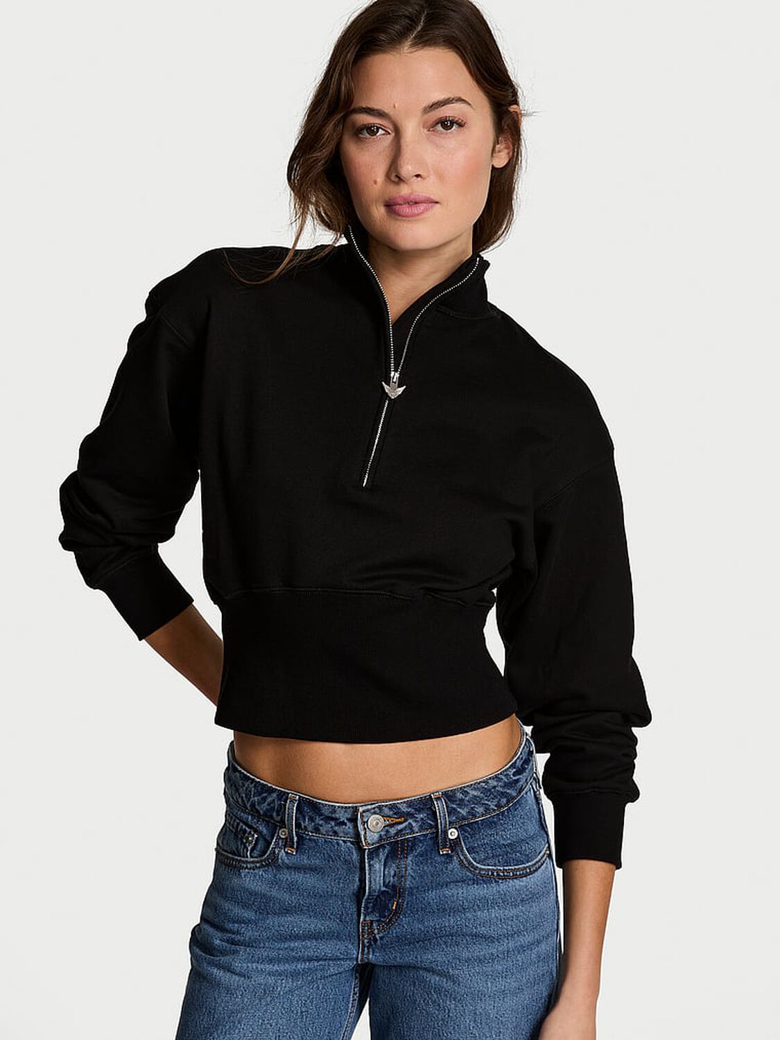 vs Angel Essentials Status Terry Fitted Half-Zip Sweatshirt Pure Black 1 of 2 