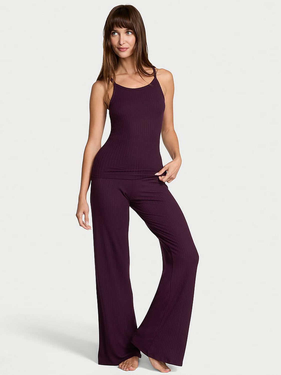 vs Victoria's Secret Modal Wide-Rib Lounge Tank & Pants Set Winter Wine 1 of 3 