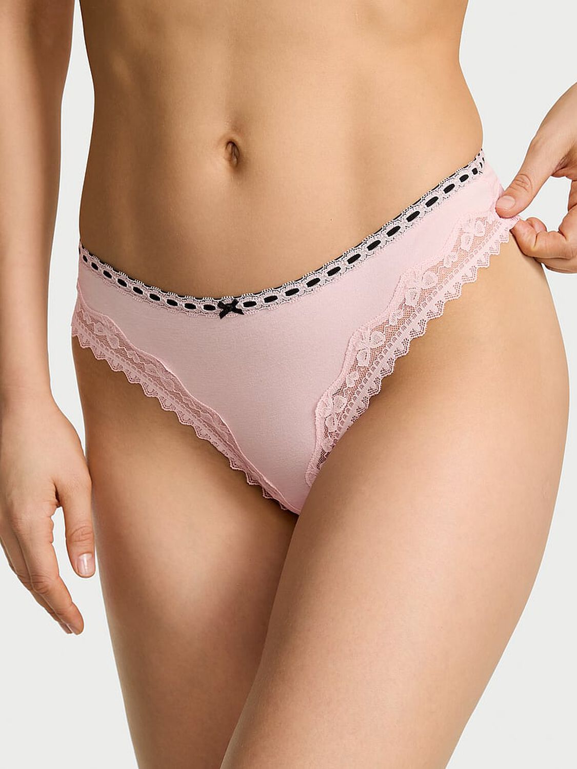 vs Lace Trim Cotton Bow Lace-Trim Thong Panty Angel Pink 1 of 3 