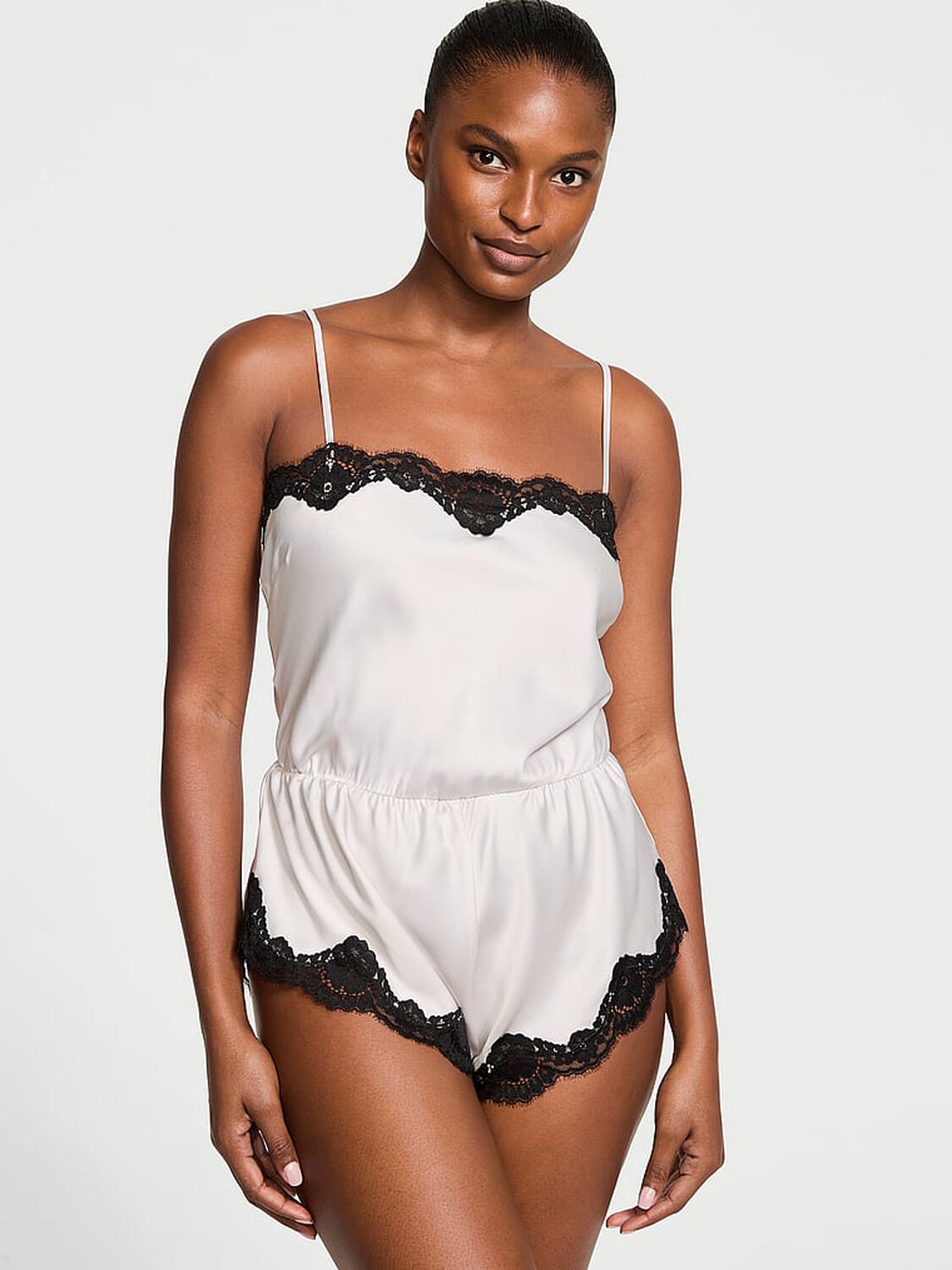 vs Victoria's Secret Satin Lace-Trim Romper 1 of 3 
