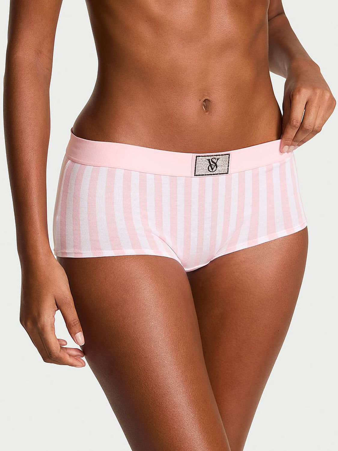 vs Cotton Logo Cotton Shine Patch Boyshort Panty Pink Stripes 1 of 2 