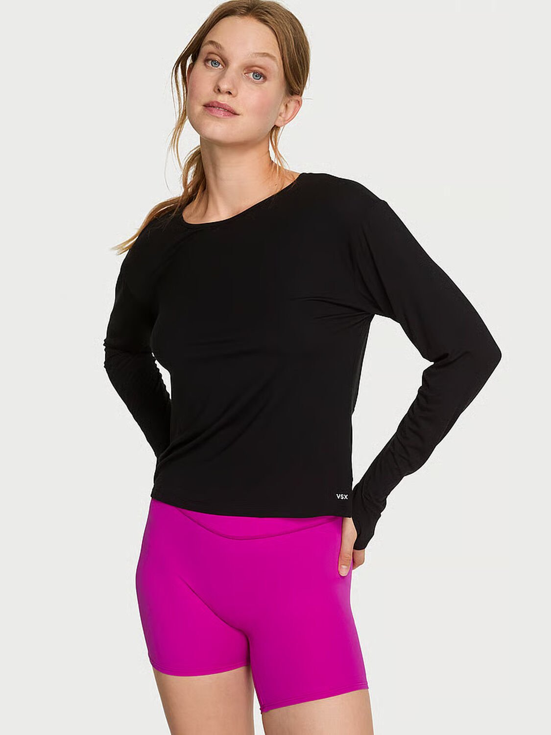 vs Vsx VSX Drapey Knit Long-Sleeve Open-Back Tee Black 1 of 3 