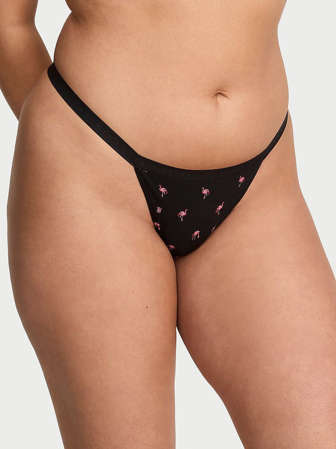 vs Victoria's Secret Stretch Cotton V-String Panty Black Flamingos 1 of 2 