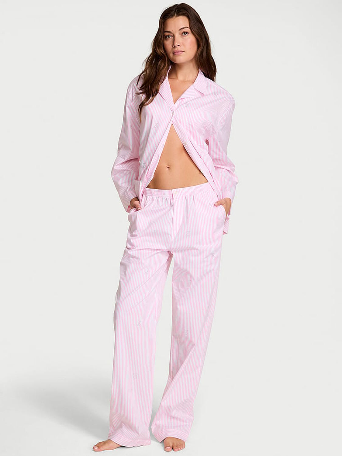 vs Victoria's Secret Heritage Cotton Shine Oversized Long Pajama Set Pretty Blossom/Coconut White Iconic Stripe W/ Diamante 1 of 4 