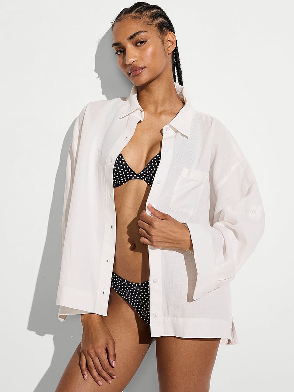 vs Victoria's Secret Swim Beachwear Linen Boxy Long-Sleeve Shirt Coconut White 1 of 3 