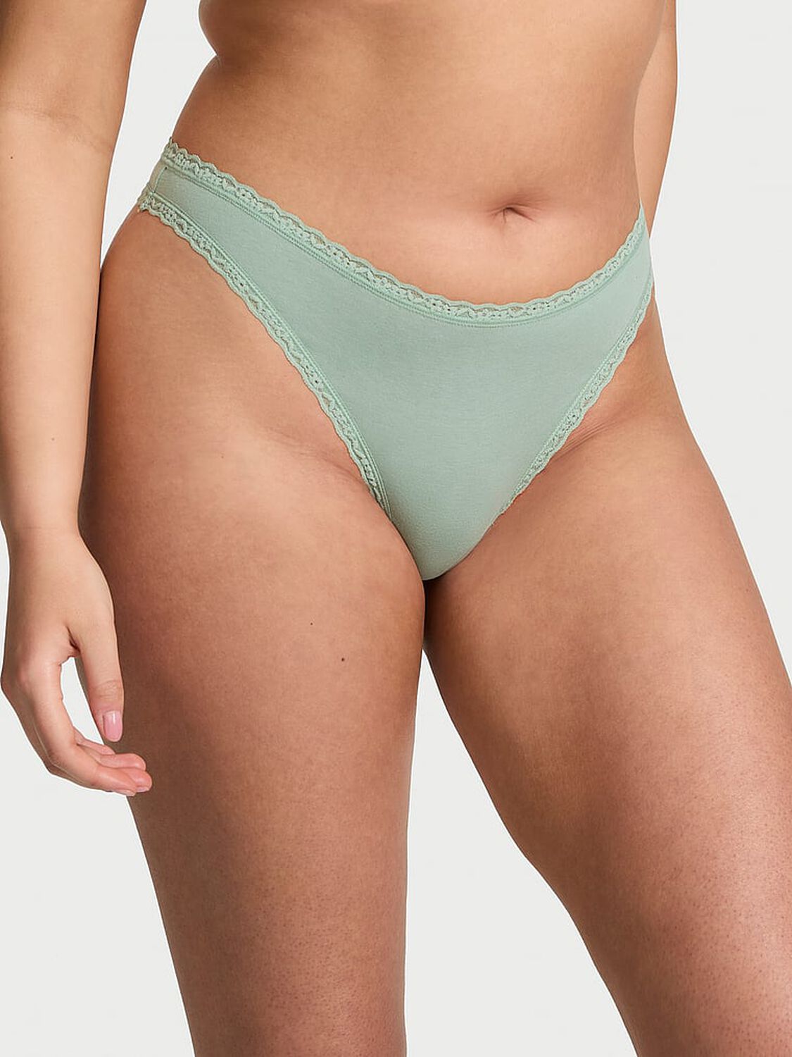 vs The Lacie Stretch Cotton Lace-Waist Thong Panty Seasalt Green 1 of 3 