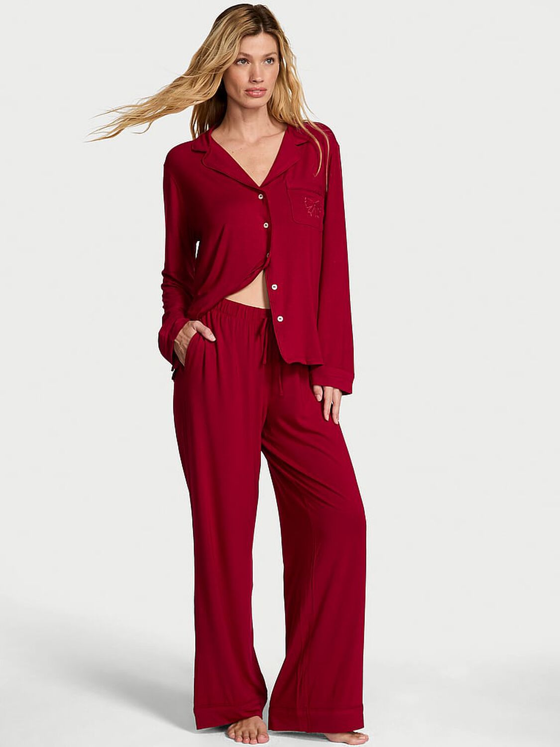 vs Victoria's Secret Modal Soft Bow Long Pajama Set Red Lacquer W Bow 1 of 3 