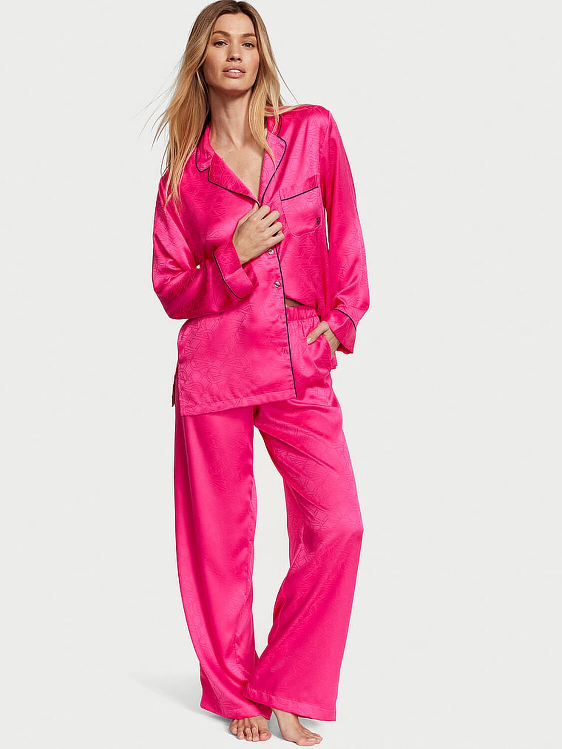vs Victoria's Secret Satin Long Pajama Set Hot Pink 1 of 3 