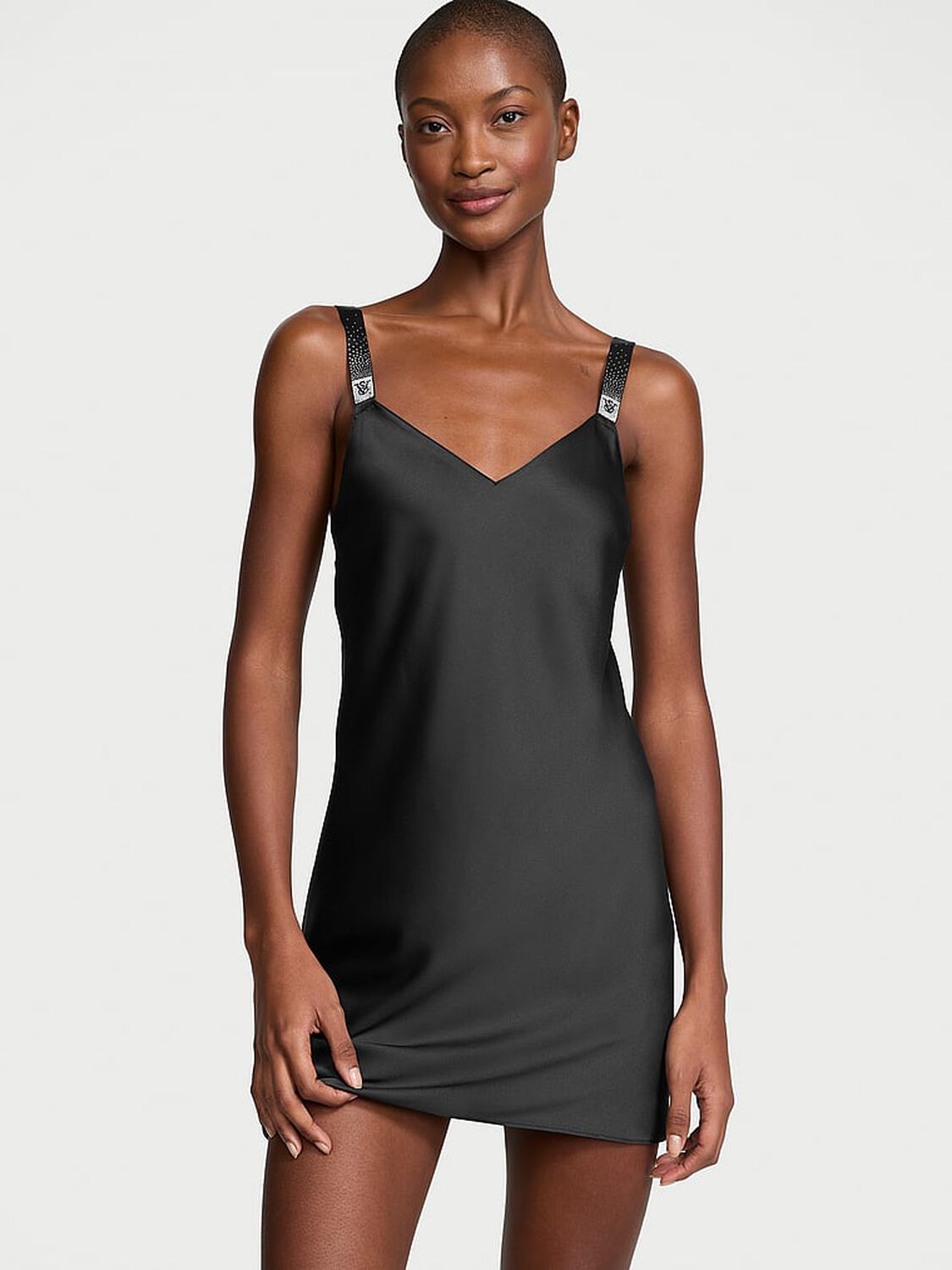 vs Victoria's Secret Scattered Shine Strap Satin Strappy-Back Slip Black 1 of 4 