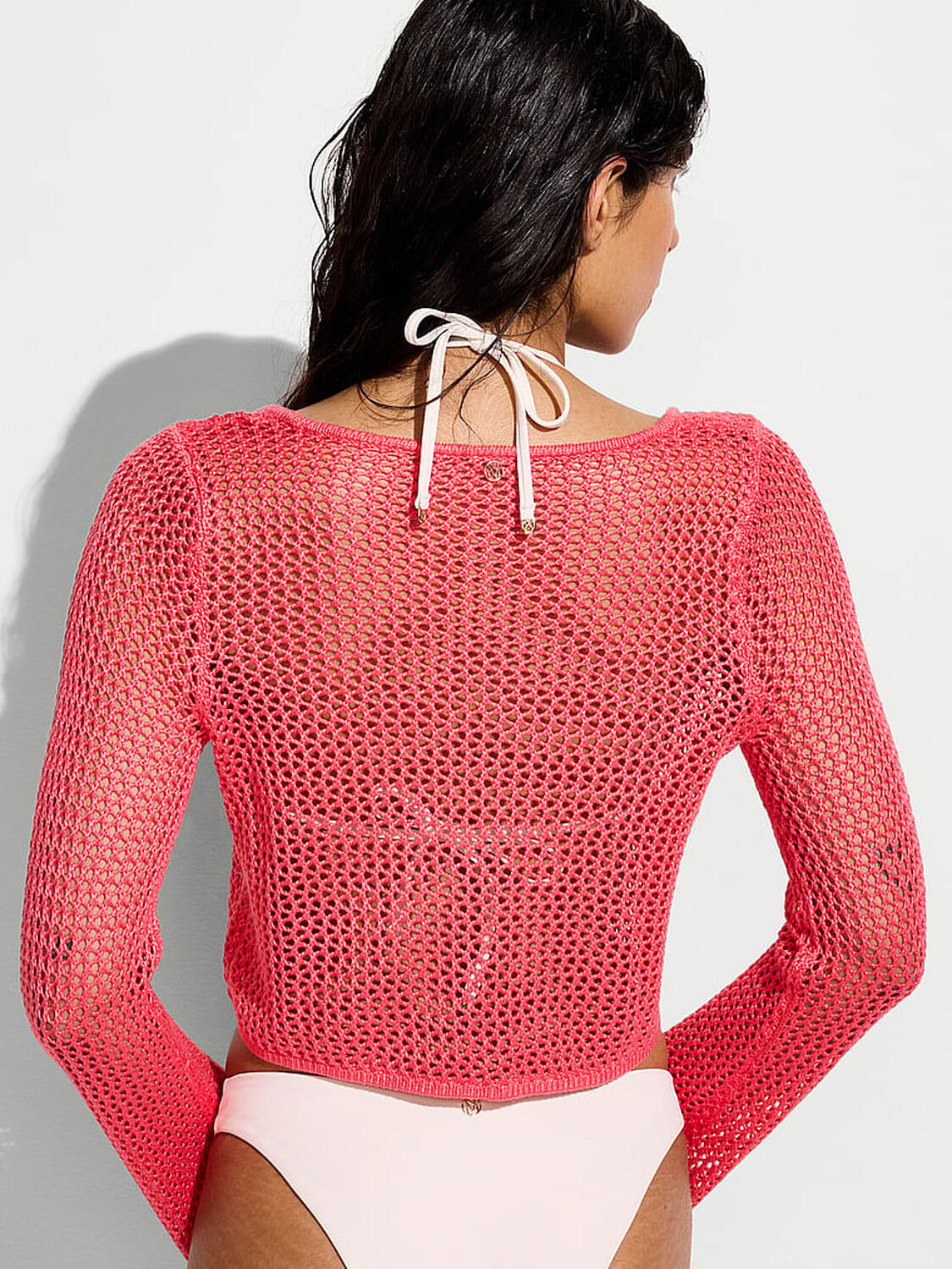 vs Victoria's Secret Swim Beachwear Crochet Tie-Front Long-Sleeve Top Poppy 2 of 2 