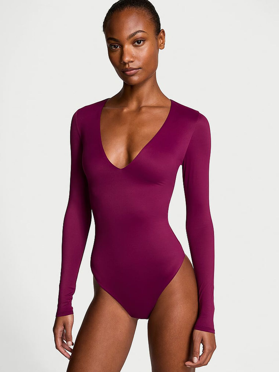 vs Victoria's Secret BODYWEAR by Victoria with FeatherSoft™ Innovation V-Neck Bodysuit Plum Rouge 1 of 4 