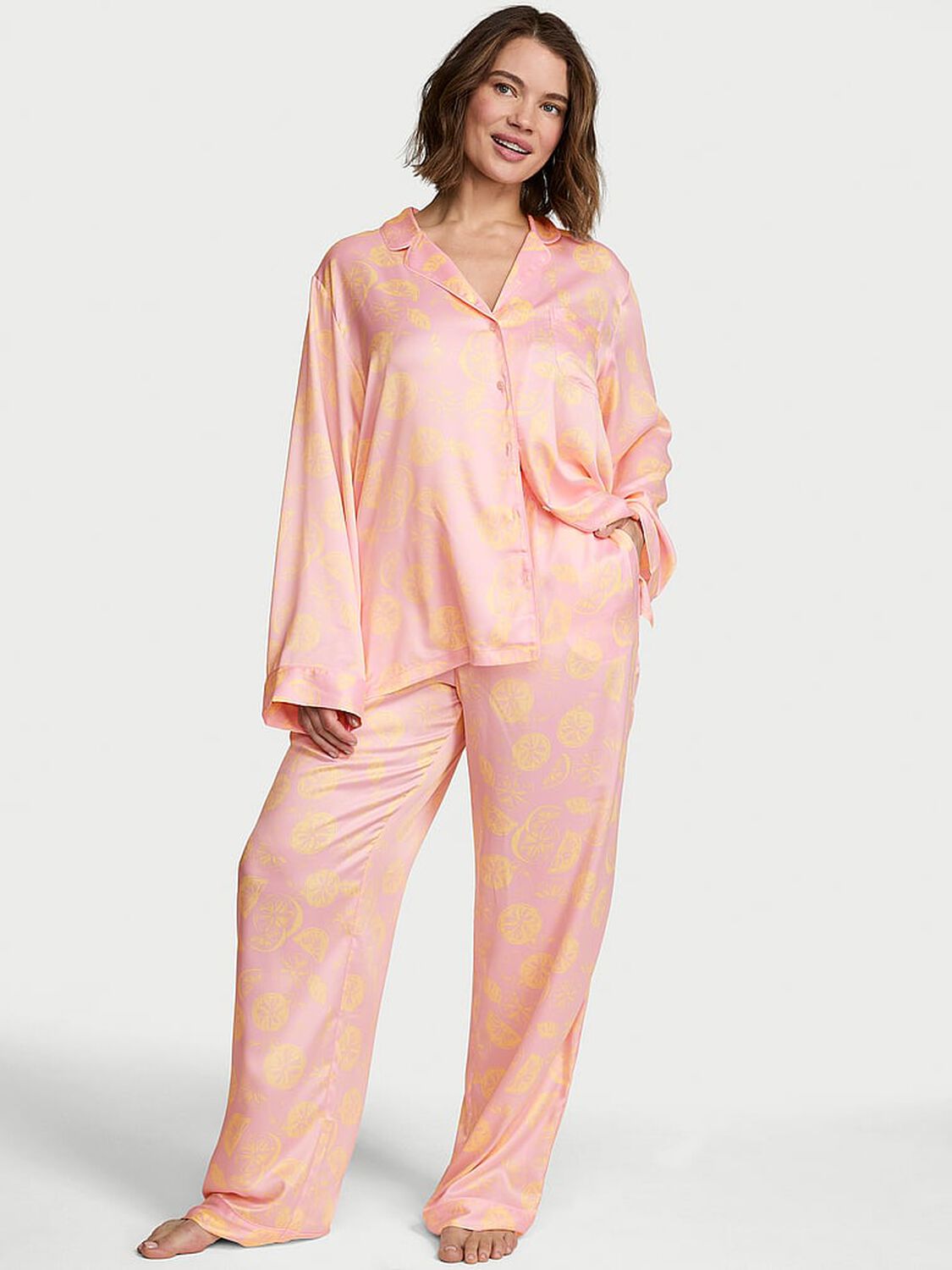 vs Victoria's Secret Signature Satin Long Pajama Set Pretty Blossom Lemons 1 of 4 