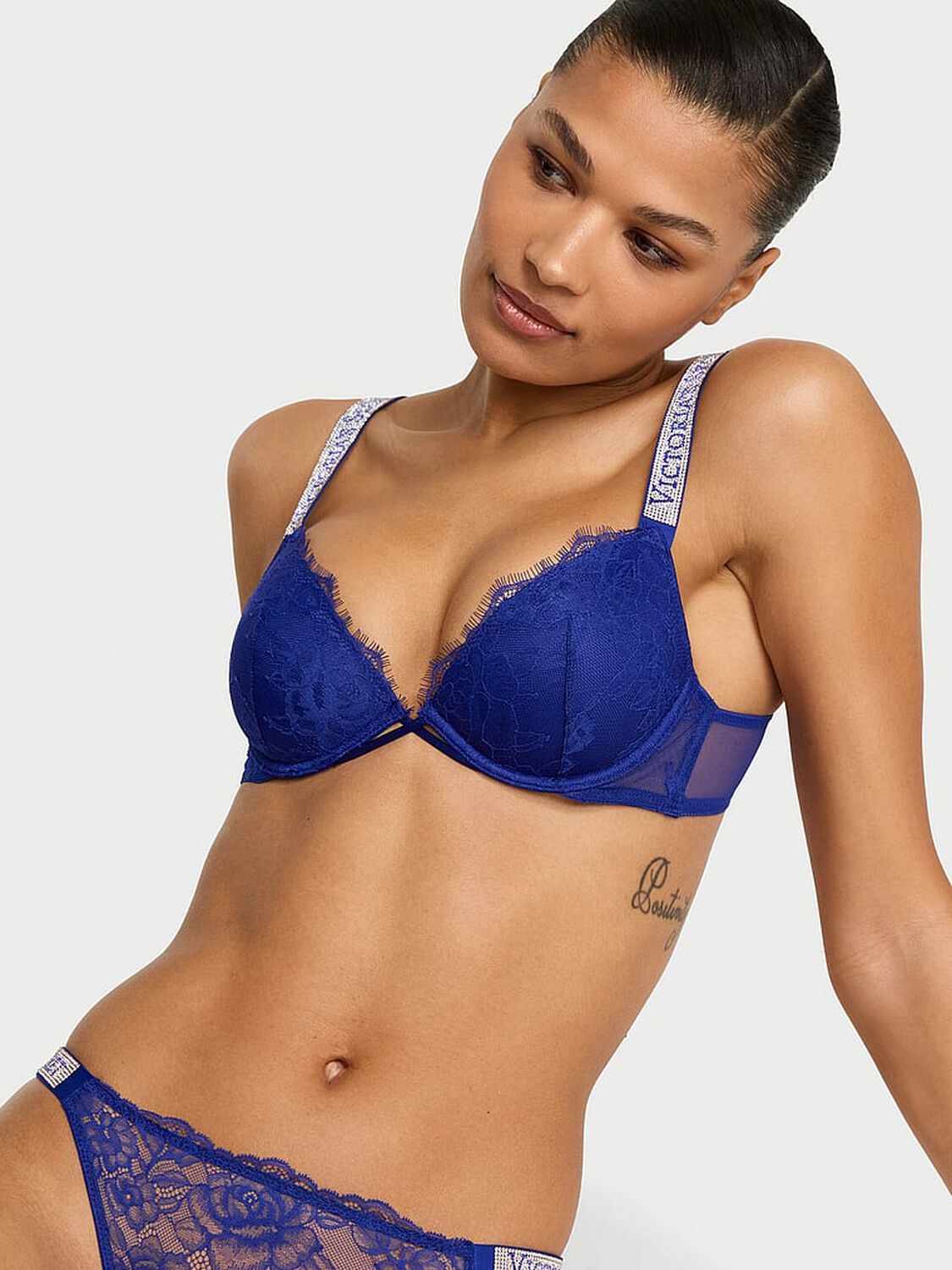vs Very Sexy Shine Strap Rose Lace Lightly Lined Low-Cut Demi Bra Fantasia Blue 1 of 3 