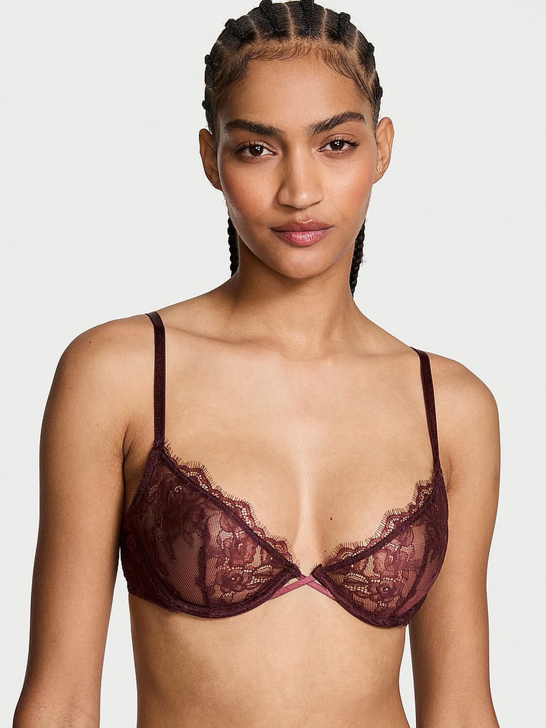 vs Very Sexy Rose Lace Unlined Low-Cut Demi Bra Burgundy Brown 1 of 4 