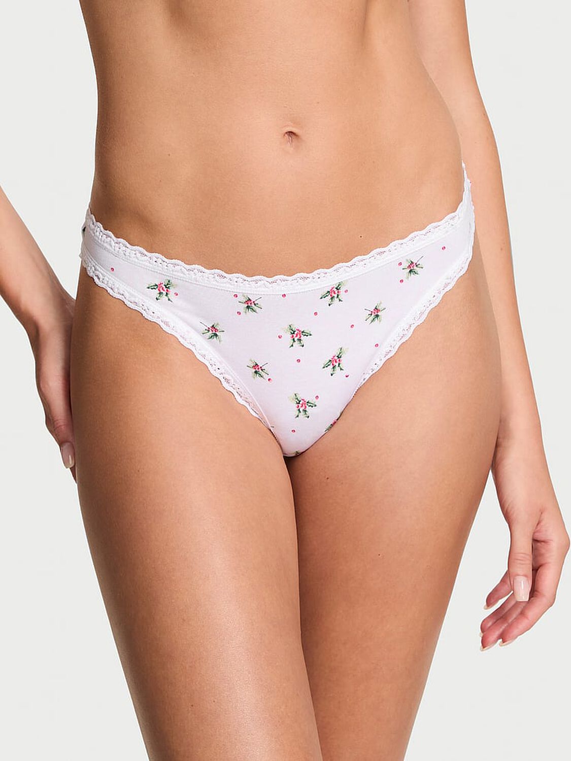 vs Lace Trim Cotton Lace-Waist Thong White Holly 1 of 2 