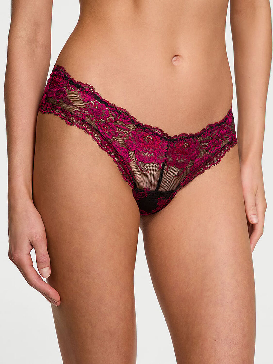vs Very Sexy Rose Lace High-Leg Cheeky Panty Black & Pink 1 of 2 