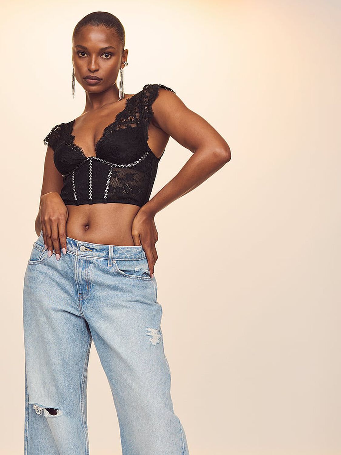 vs Dream Angels Twinkle Lace Cap-Sleeve Corset Top Black 1 of 2 