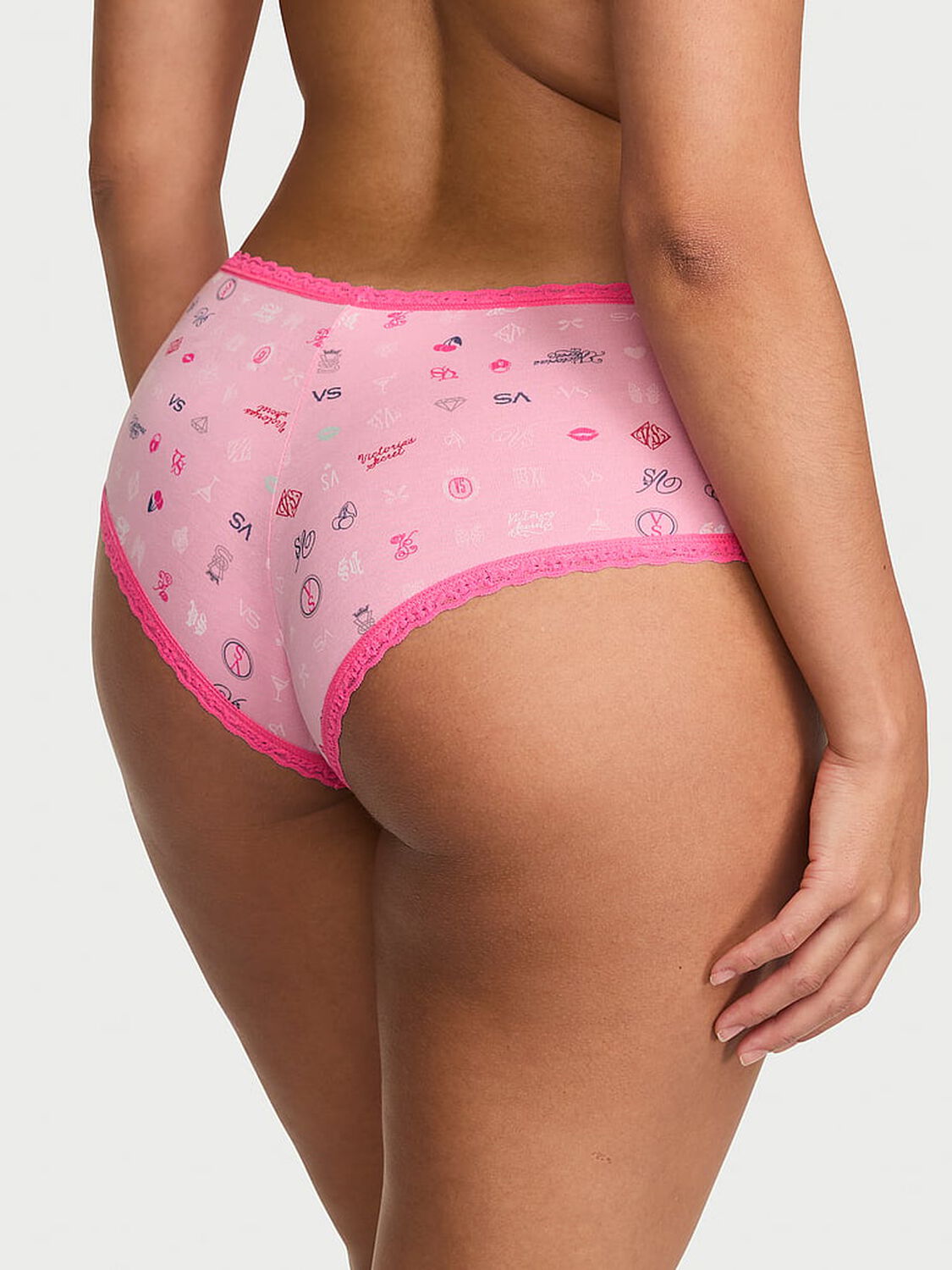 vs Lace Trim Cotton Lace-Waist Cheeky Panty Victoria Pink Mixed Icons 2 of 2 