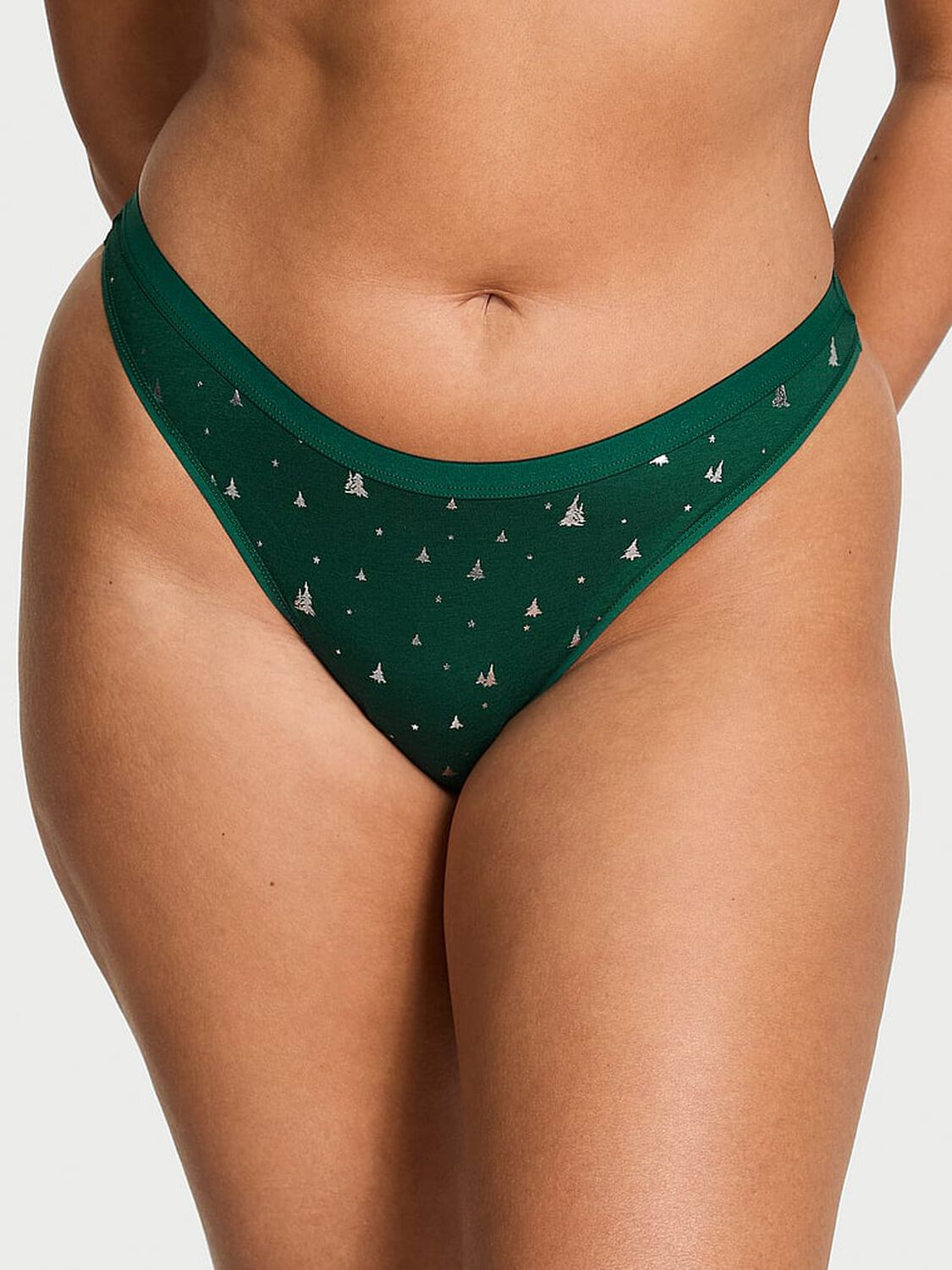 vs Victoria's Secret Stretch Cotton High-Leg Scoop Thong Panty Clover Green Shimmer Trees 1 of 2 