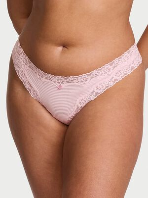 Cotton Shadow Stripe Lace-Waist Thong Panty