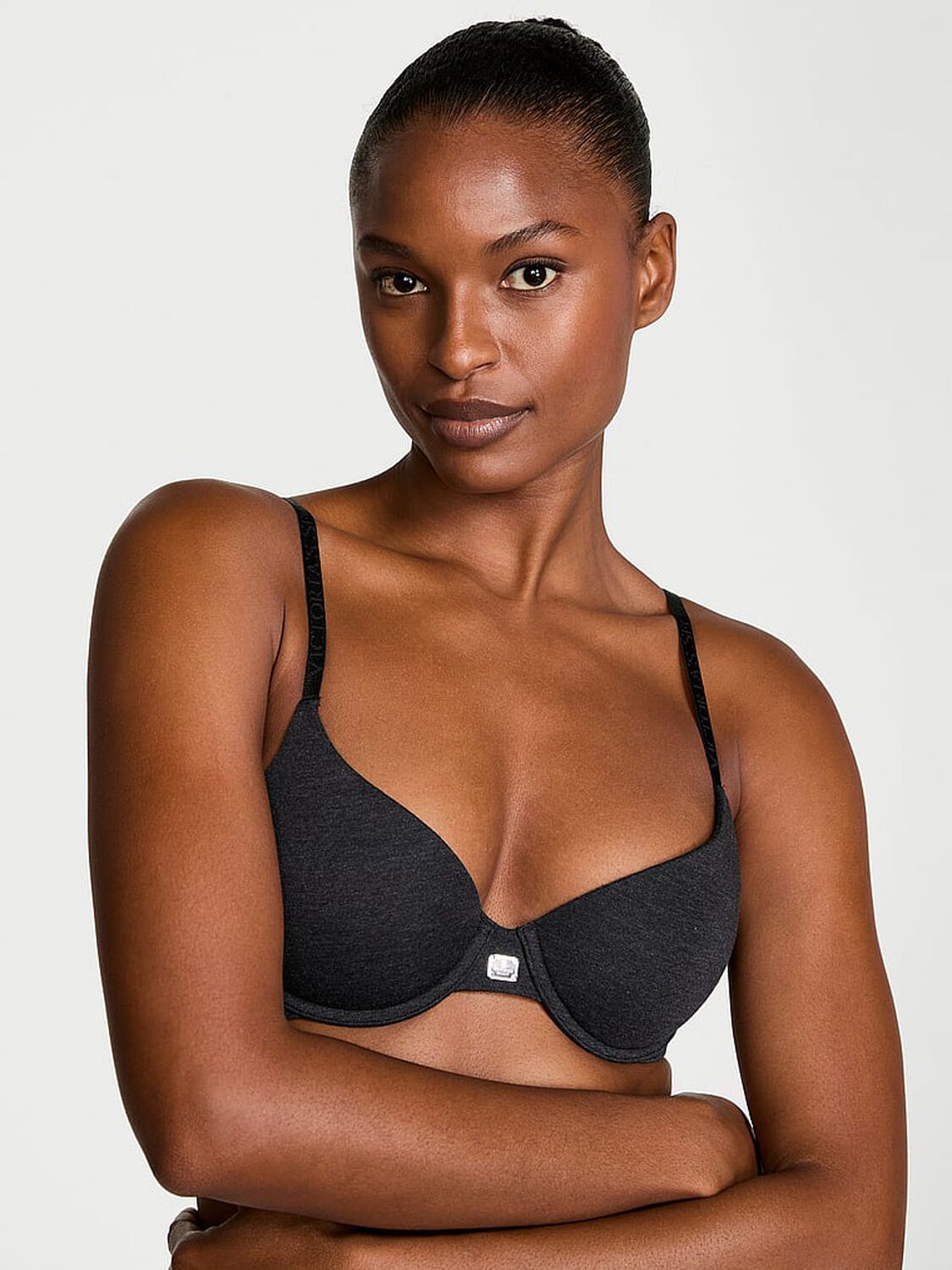 vs The T-Shirt Cotton Logo Hardware Lightly Lined Demi Bra Heather Black 1 of 3 