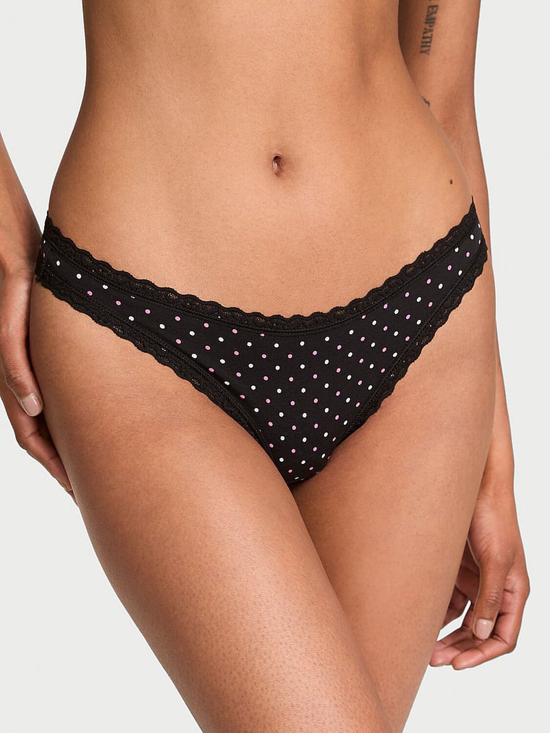 vs The Lacie Stretch Cotton Lace-Waist Thong Panty Black Dots 1 of 3 