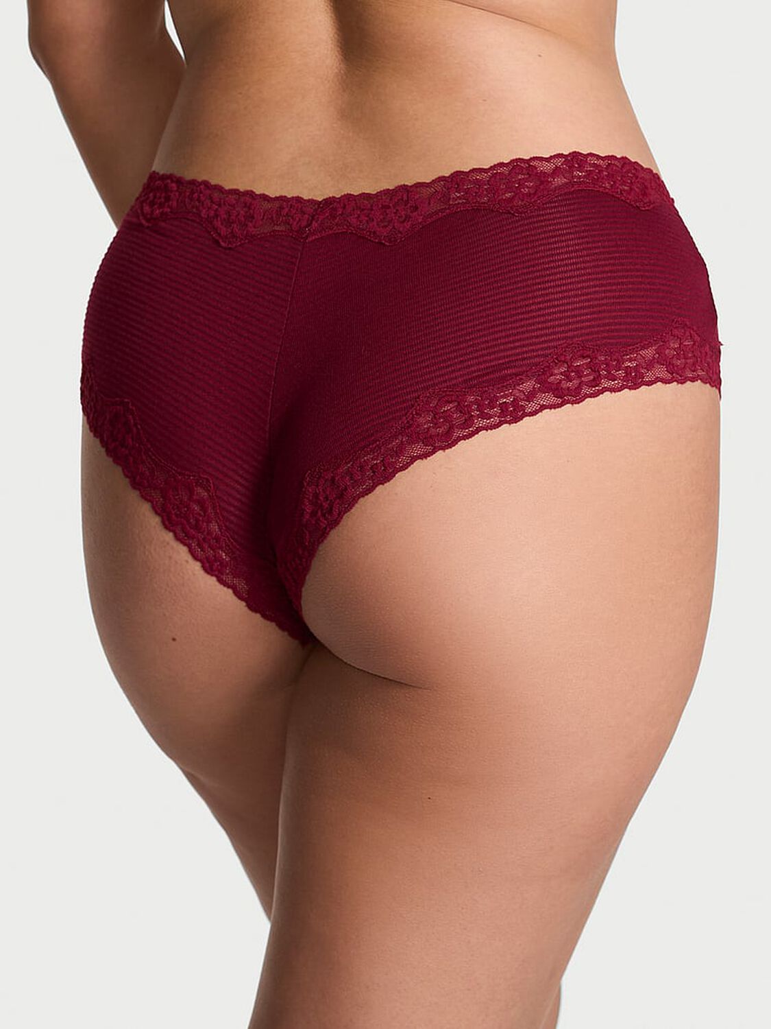 vs Lace Trim Cotton Shadow Stripe Lace-Waist Cheeky Panty Sangria Red 2 of 2 