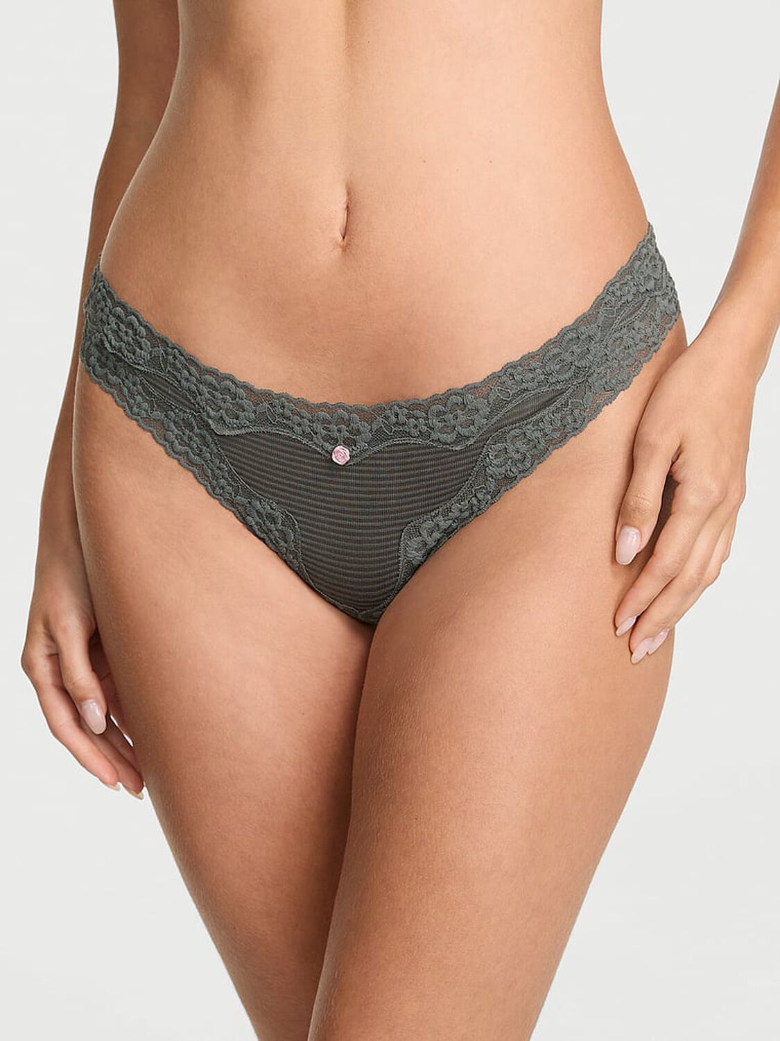 vs The Lacie Cotton Shadow Stripe Lace-Waist Thong Panty Expedition Green 1 of 1 