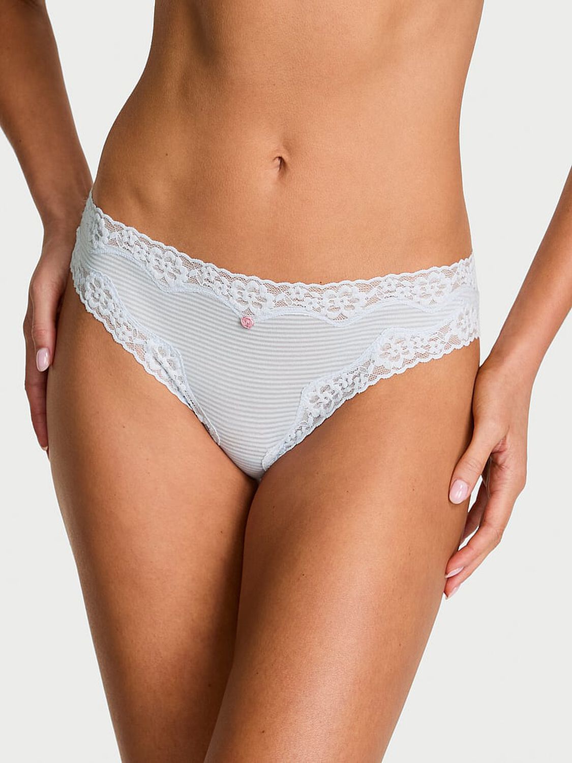 vs Lace Trim Cotton Shadow Stripe Lace-Waist Bikini Panty Gossamer Blue 1 of 2 
