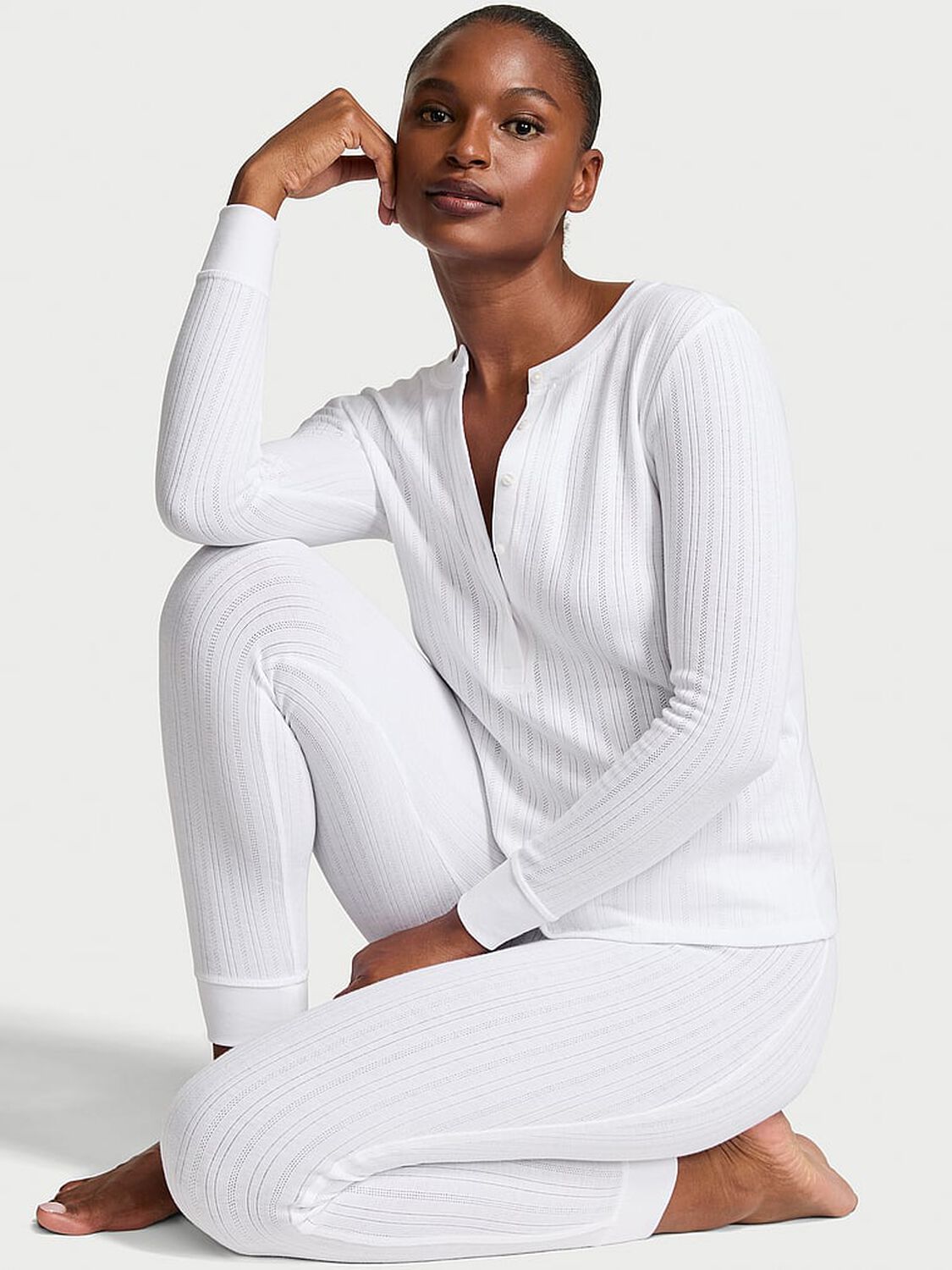 vs Victoria's Secret Cozy Pointelle Henley Long Pajama Set Vs White 1 of 3 