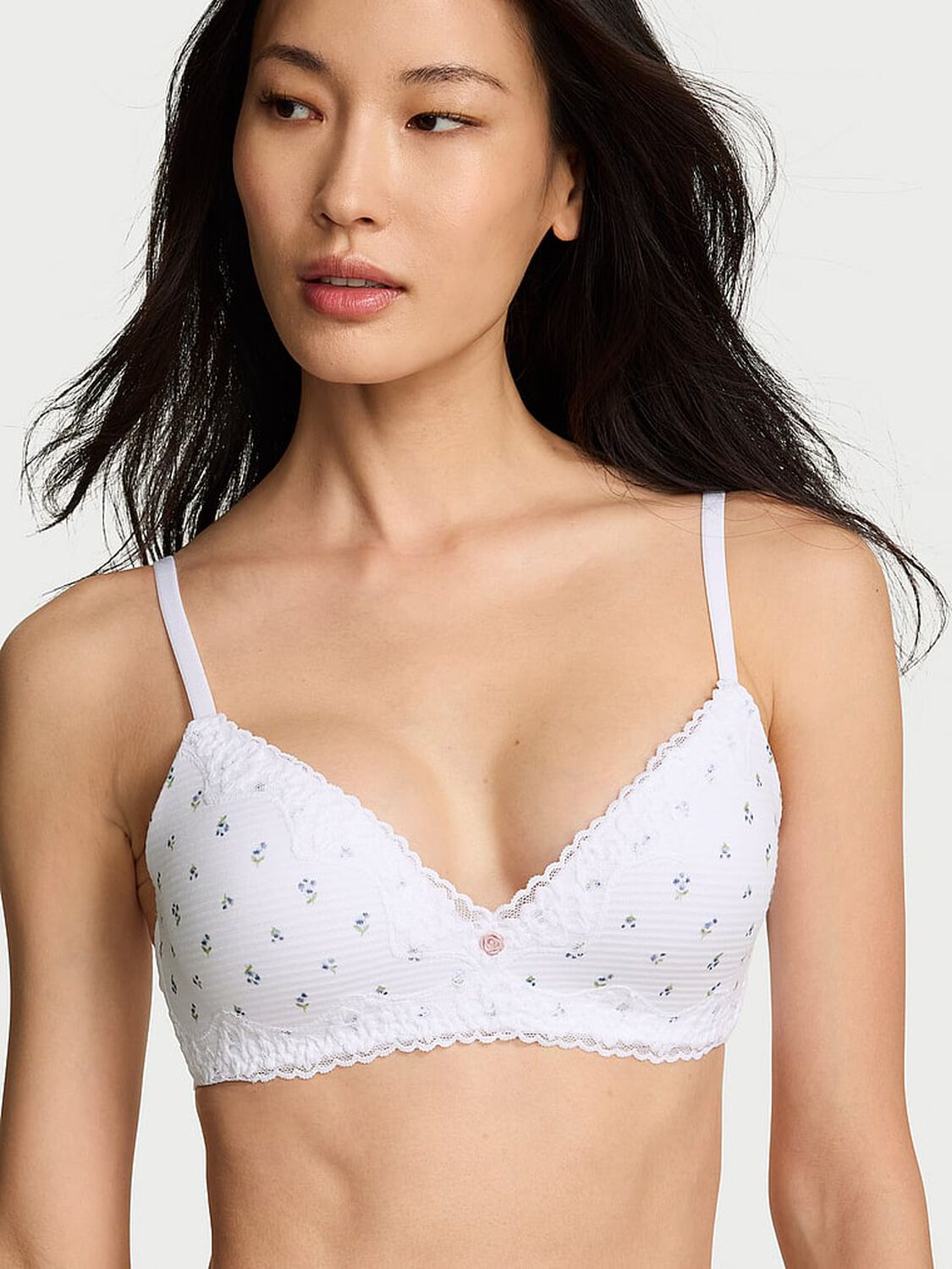 vs The T-Shirt Cotton Shadow Stripe Lace-Trim Lightly Lined Wireless Bra White Floral 1 of 3 