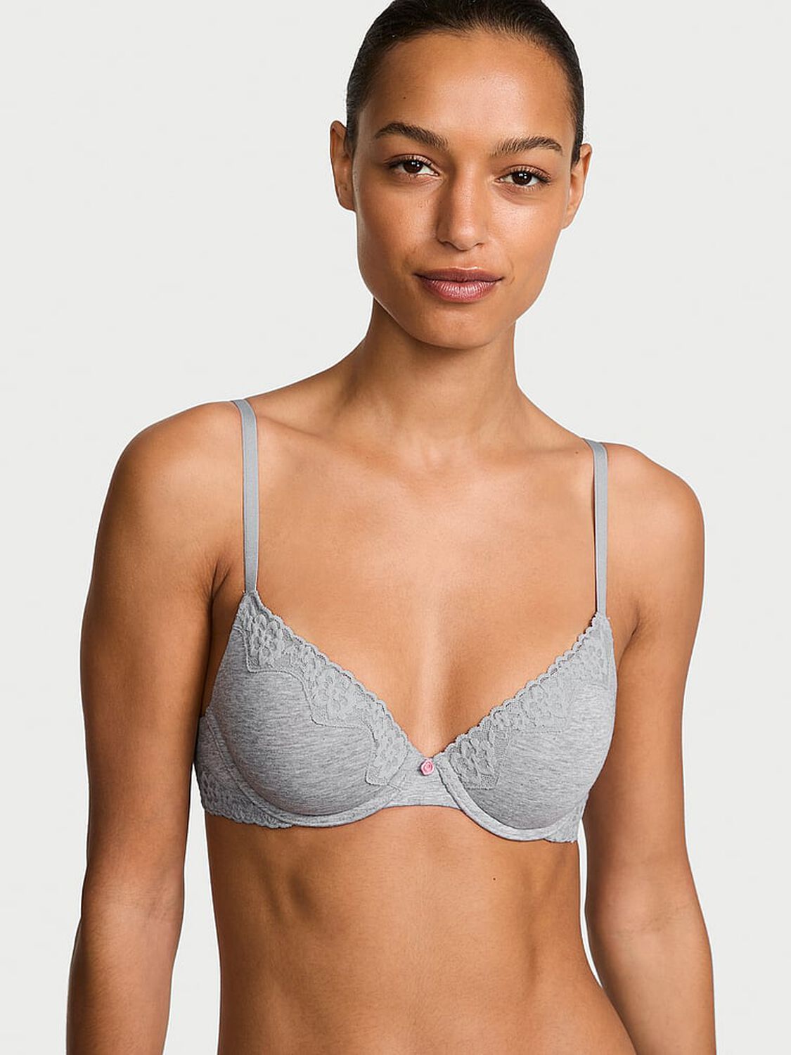 vs The T-Shirt Cotton Lace-Trim Lightly Lined Demi Bra Medium Heather Grey 1 of 3 