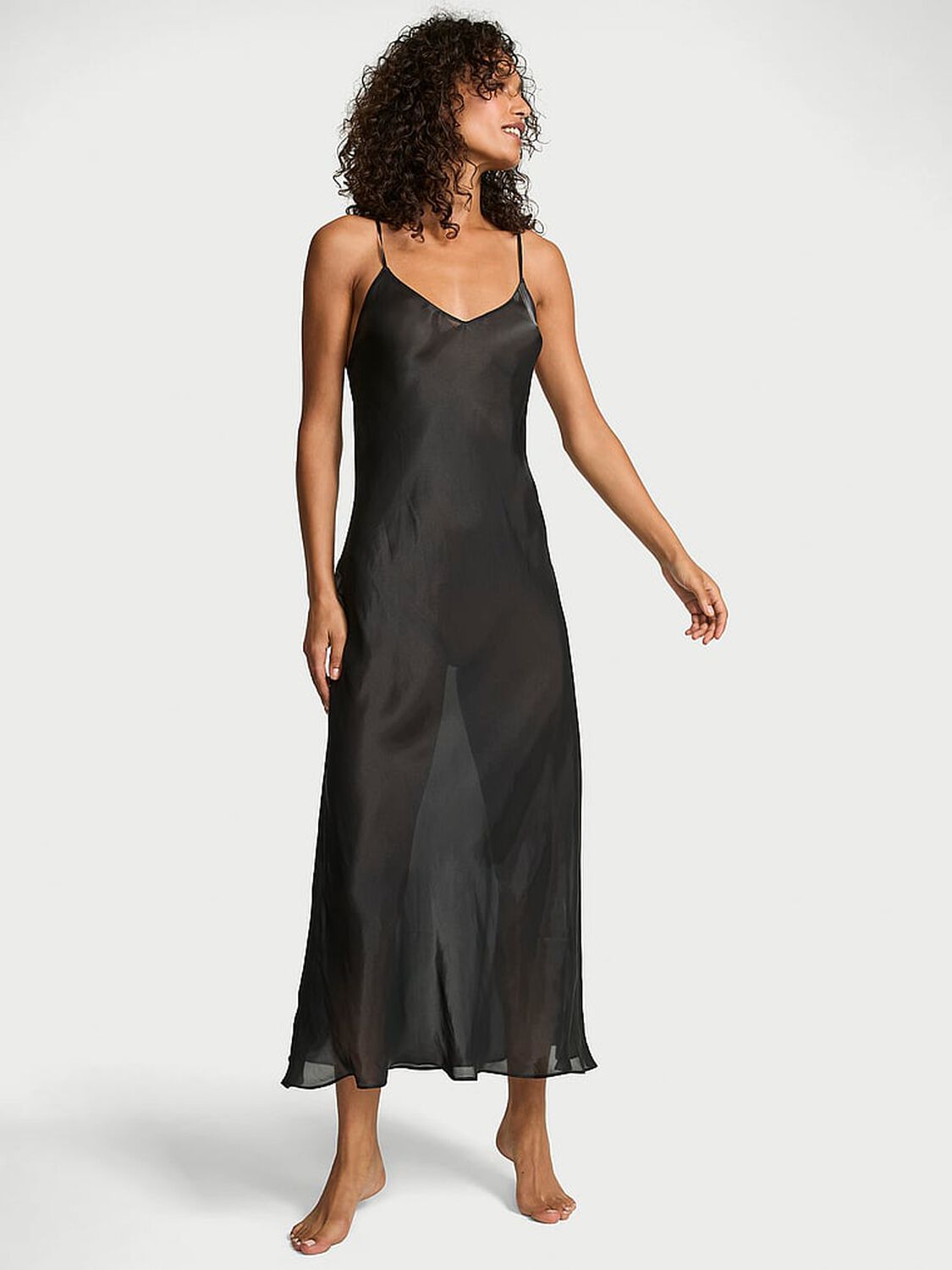 vs Victoria's Secret Luxe Sheer Satin Long Slip Dress Black 1 of 3 