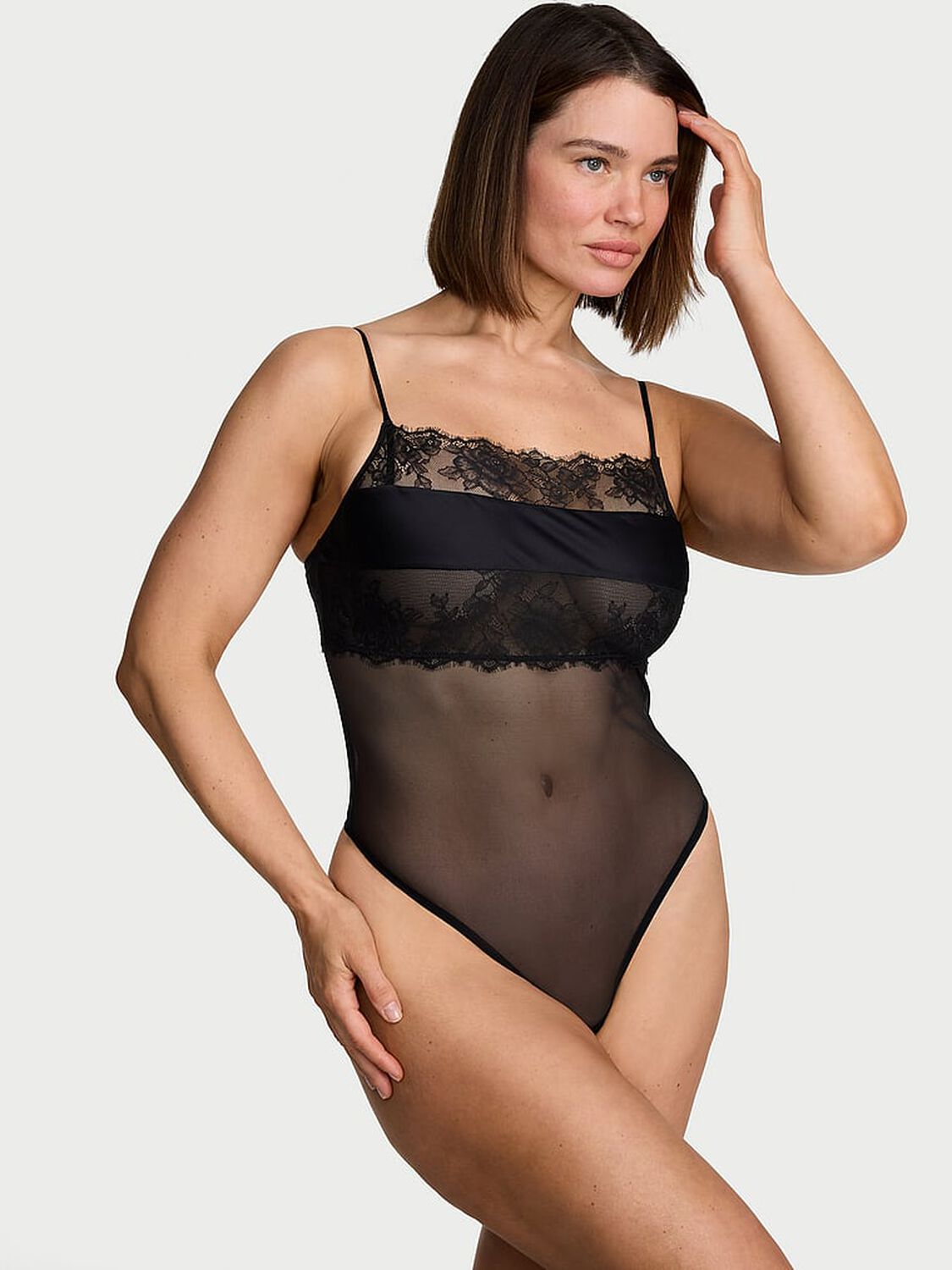 vs Very Sexy Rose Lace & Mesh Straight-Neck Bodysuit Black 1 of 3 