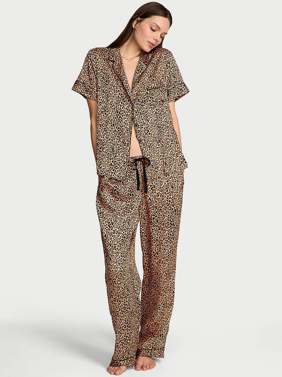 vs Victoria's Secret Glazed Satin Short-Sleeve Long Pajama Set Tan Leopard 1 of 3 