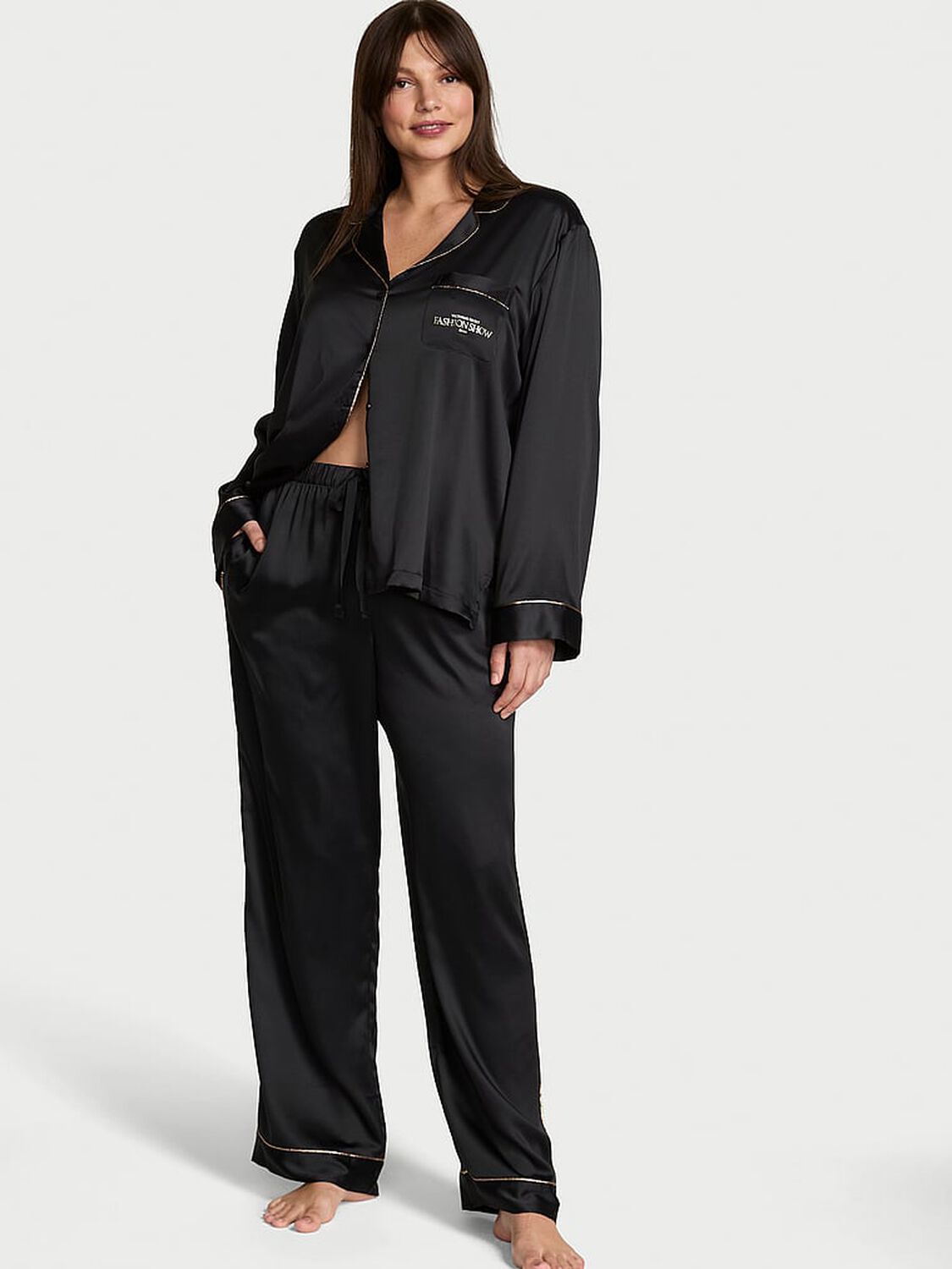 vs Victoria's Secret Glazed Satin Long Pajama Set Black 1 of 3 