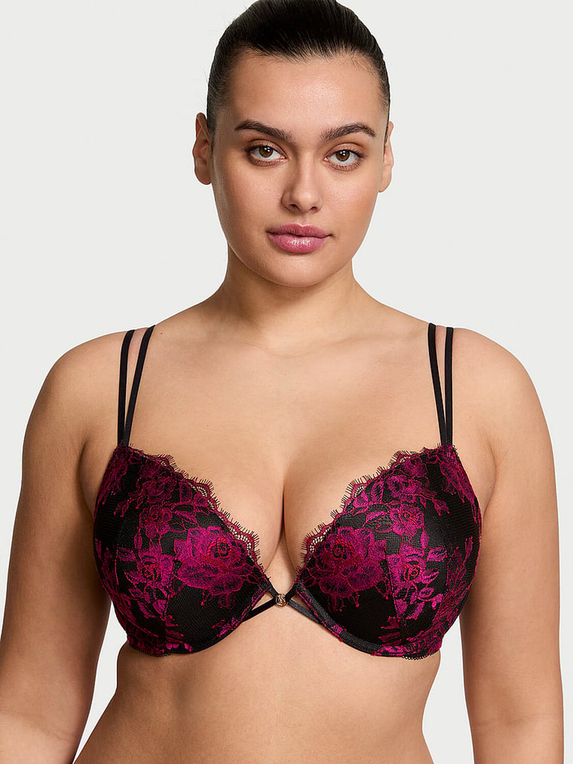 vs Very Sexy Rose Lace Push-Up Bra Black & Pink 1 of 4 
