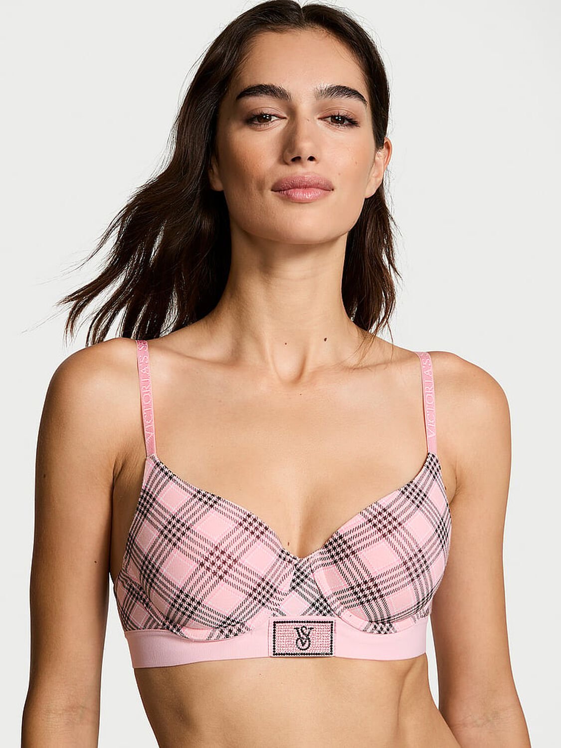 vs The T-Shirt Shine Patch Lightly Lined Demi Bra Pink Plaid 1 of 4 