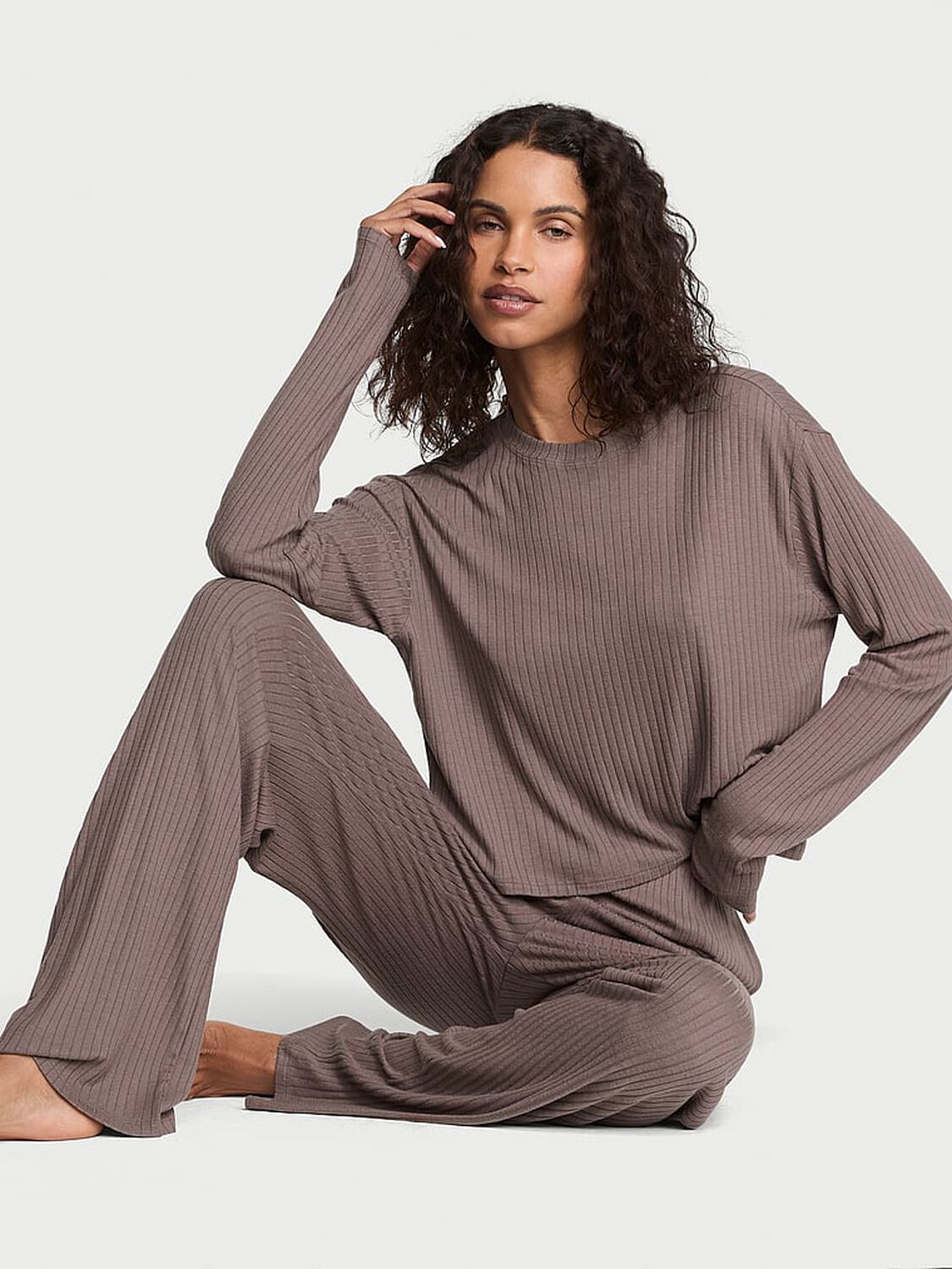 vs Victoria's Secret Modal Wide-Rib Long Lounge Set Cloudy Grey 1 of 3 