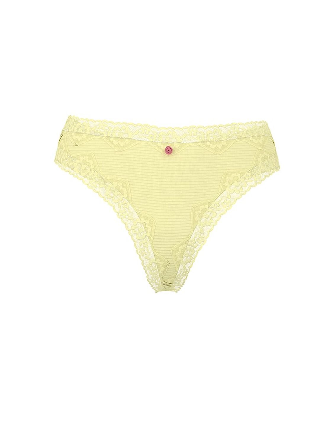 vs Lace Trim Cotton Shadow Stripe Lace-Waist Thong Panty Lemonade 1 of 1 