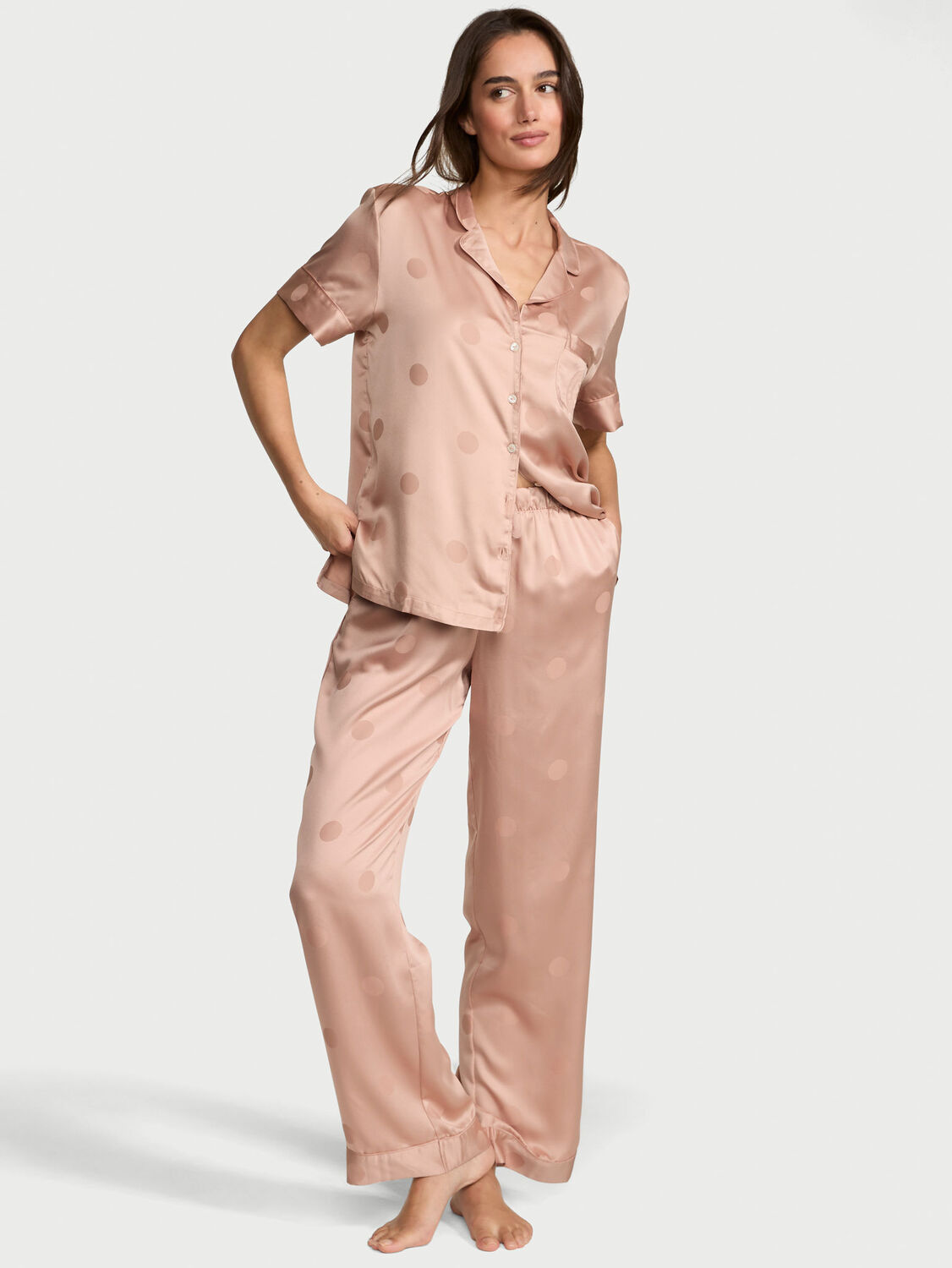 vs Victoria's Secret Satin Short-Sleeve PJ Set Evening Blush 1 of 3 