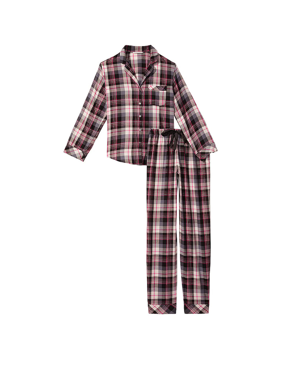 vs Victoria's Secret Flannel Long PJ Set Black/Fluorescent Pink  Lurex Plaid 3 of 4 