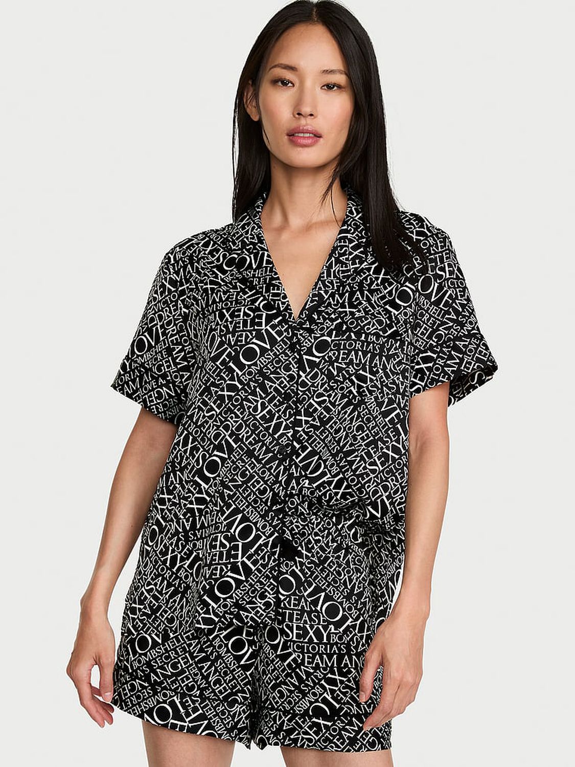 vs Victoria's Secret Signature Satin Short Pajama Set Black Vs Newspaper 1 of 3 