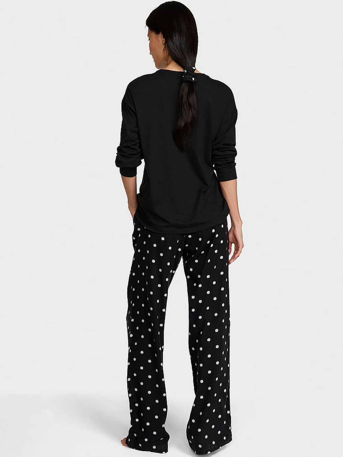 vs Victoria's Secret Flannel Long Tee-Jama Set Black & White Dots 2 of 2 