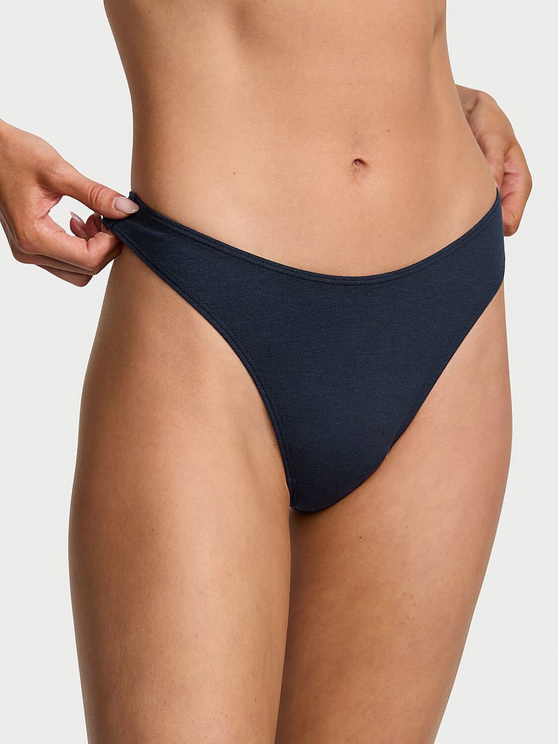 vs Victoria's Secret Stretch Cotton High-Leg Scoop Thong Panty Noir Navy 1 of 3 